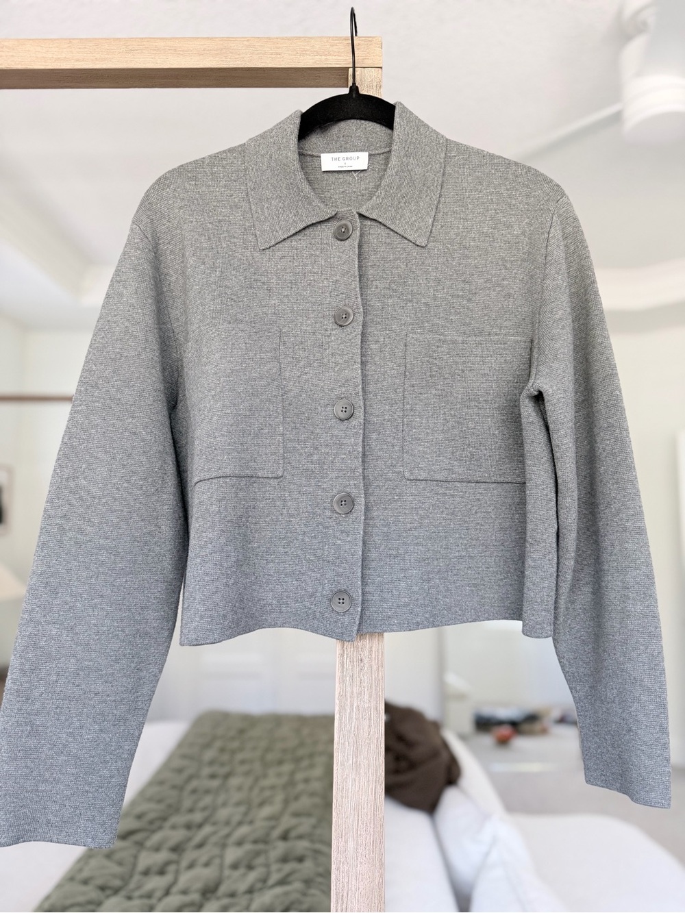 Aritzia Gray Cropped Button-Front Knit Cardigan
